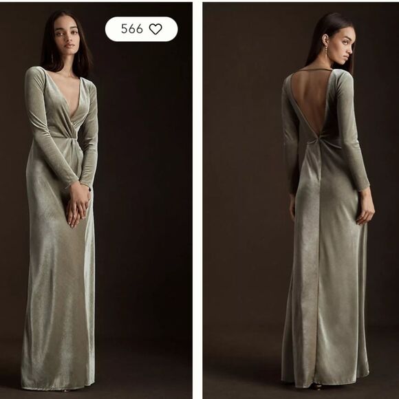 NWT Anthropologie Jenny Yoo Ryland V-neck Long Sleeve Sage Open Back Velvet Gown